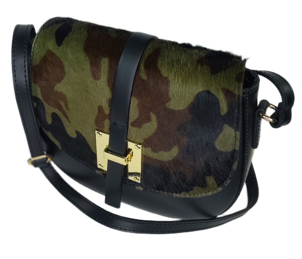 Charlie Leather Mack Black & Camo Small Half Moon Crossbody Bag - NWT